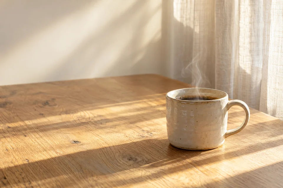 Visual direction: a ceramic coffee cup in warm window light on a wooden table.